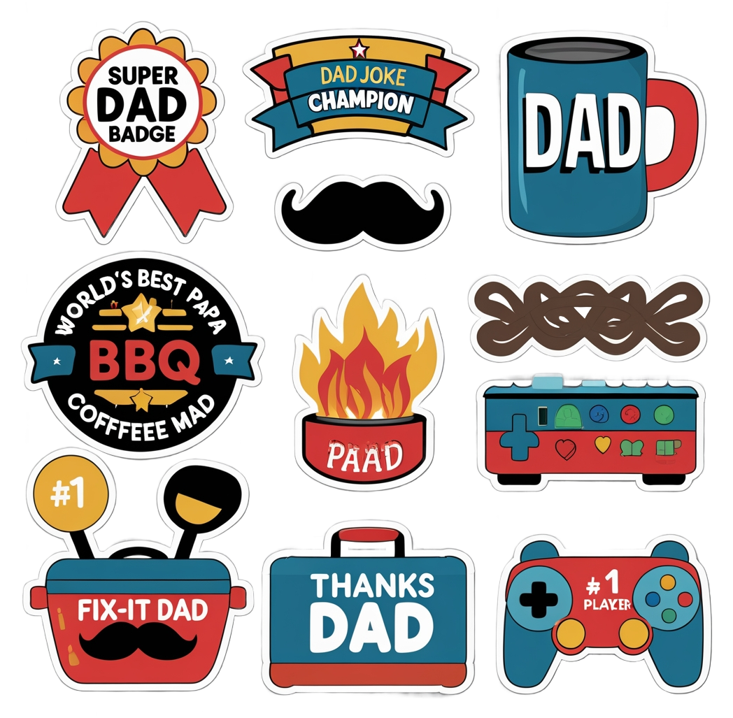 Father’s Day Sticker Sheet – Super Dad, BBQ King, Papa Love & More – Printable or Die-Cut