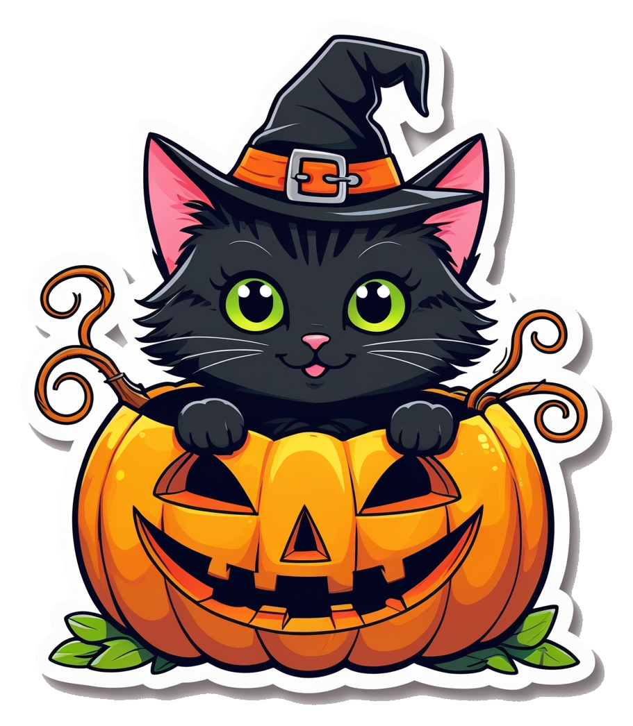 Pumpkin Witch Cat Sticker – Cute Halloween Vinyl