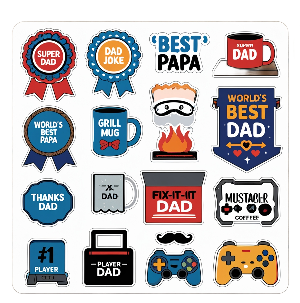 Father’s Day Sticker Sheet – Super Dad, BBQ King, Papa Love & More – Printable or Die-Cut