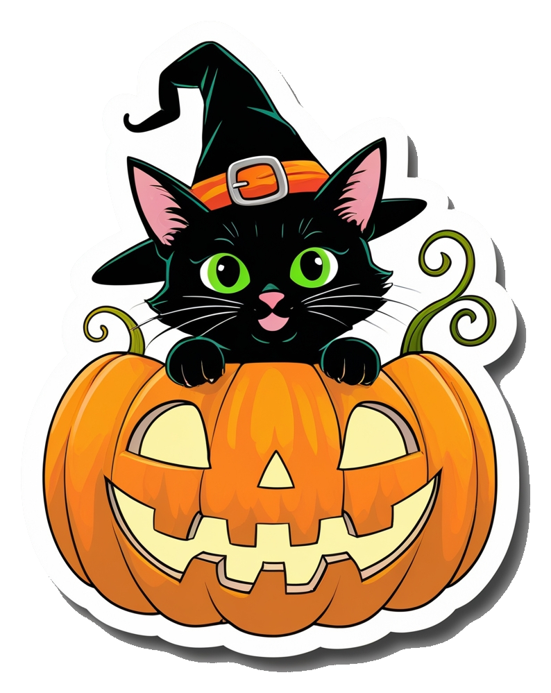 Pumpkin Witch Cat Sticker – Cute Halloween Vinyl