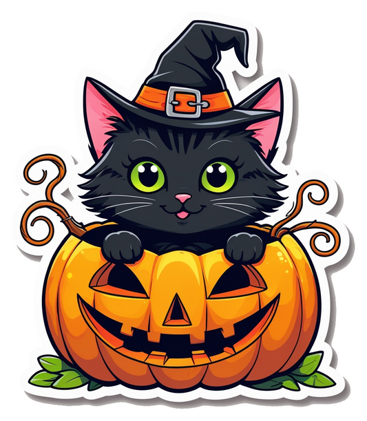 Pumpkin Witch Cat Sticker – Cute Halloween Vinyl